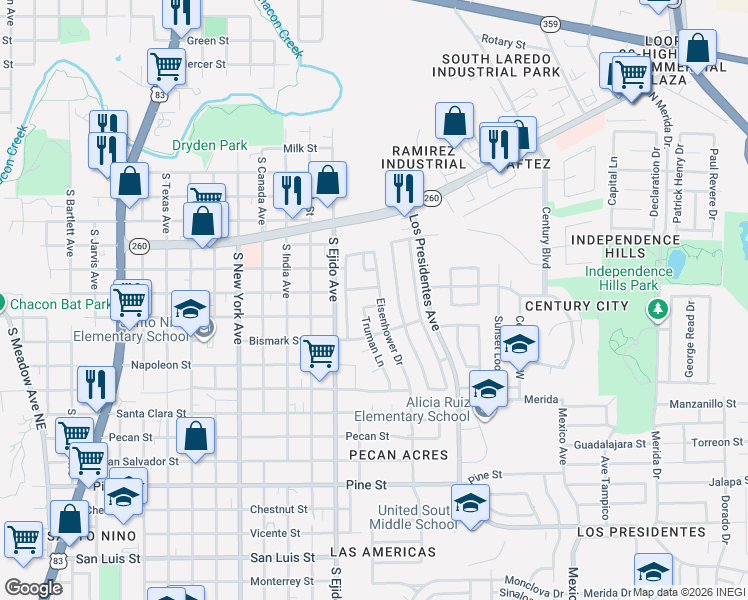 map of restaurants, bars, coffee shops, grocery stores, and more near 1112 Truman Lane in Laredo