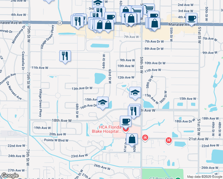 map of restaurants, bars, coffee shops, grocery stores, and more near 1313 63rd Street West in Bradenton