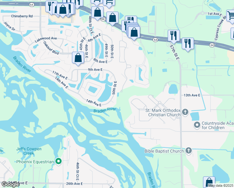 map of restaurants, bars, coffee shops, grocery stores, and more near 1205 50th Street East in Bradenton