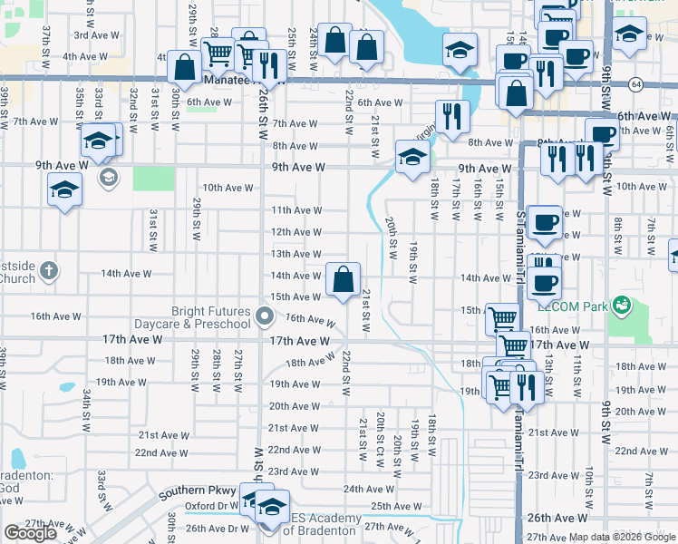 map of restaurants, bars, coffee shops, grocery stores, and more near 2210 14th Avenue West in Bradenton