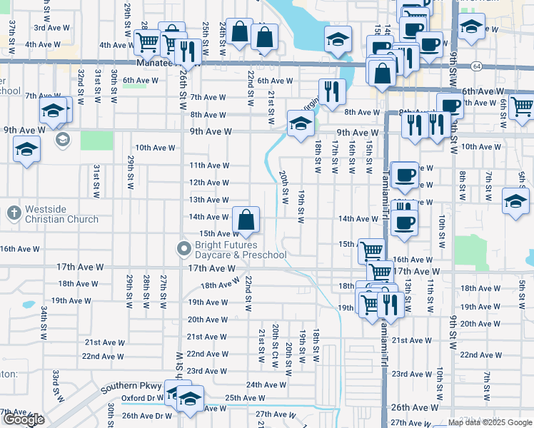 map of restaurants, bars, coffee shops, grocery stores, and more near 2010 14th Avenue West in Bradenton