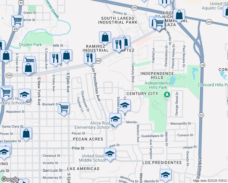 map of restaurants, bars, coffee shops, grocery stores, and more near 1115 Lost Creek Loop South in Laredo