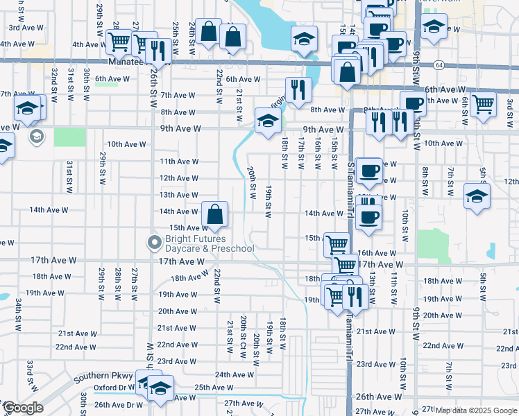 map of restaurants, bars, coffee shops, grocery stores, and more near 1906 14th Avenue West in Bradenton