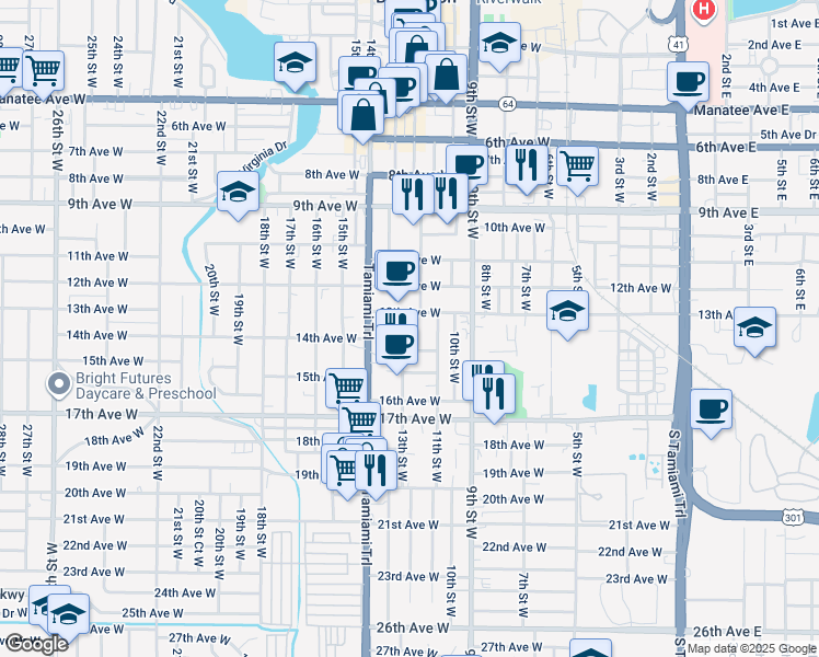 map of restaurants, bars, coffee shops, grocery stores, and more near 1327 13th Street West in Bradenton