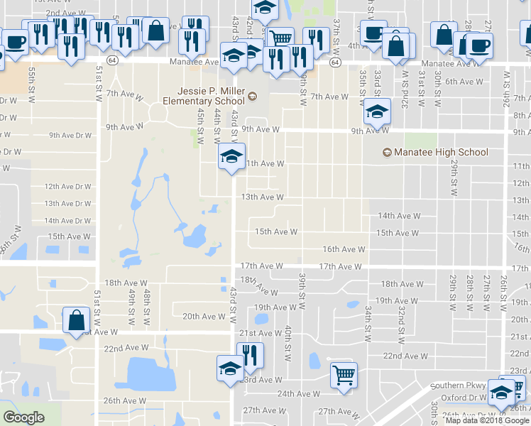 map of restaurants, bars, coffee shops, grocery stores, and more near 4104 14th Avenue West in Bradenton