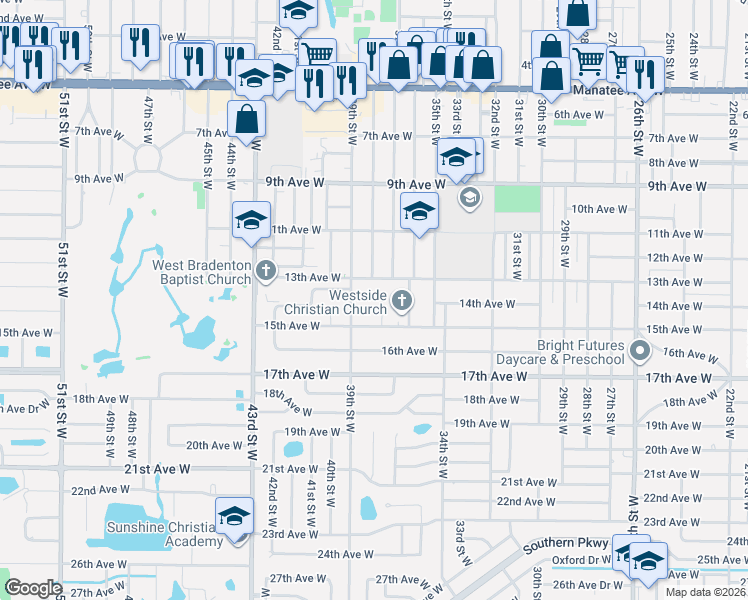 map of restaurants, bars, coffee shops, grocery stores, and more near 1408 37th Street Court West in Bradenton