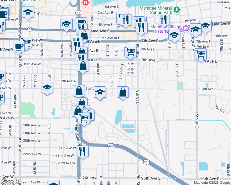 map of restaurants, bars, coffee shops, grocery stores, and more near 624 13th Avenue East in Bradenton