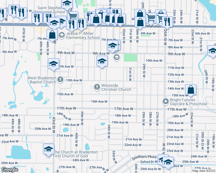 map of restaurants, bars, coffee shops, grocery stores, and more near 3404 14th Avenue West in Bradenton
