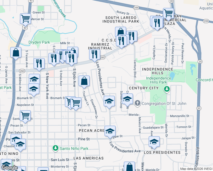 map of restaurants, bars, coffee shops, grocery stores, and more near 1116 Lost Creek Loop South in Laredo