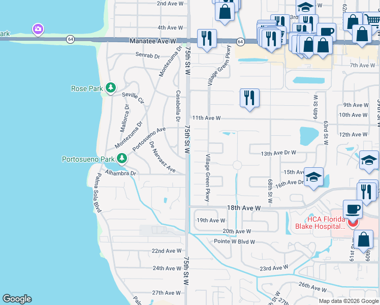 map of restaurants, bars, coffee shops, grocery stores, and more near 7411 13th Avenue Drive West in Bradenton