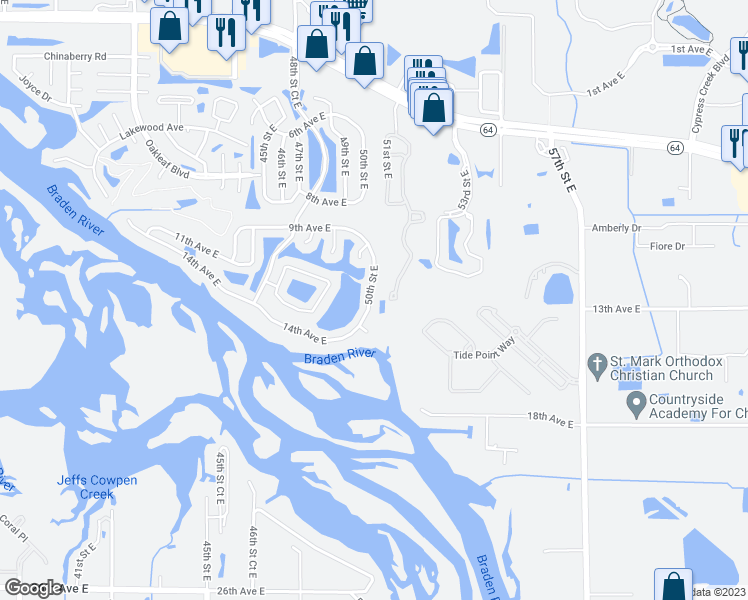 map of restaurants, bars, coffee shops, grocery stores, and more near 1203 50th Street East in Bradenton