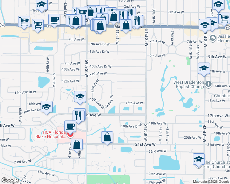 map of restaurants, bars, coffee shops, grocery stores, and more near 1415 56th Street West in Bradenton