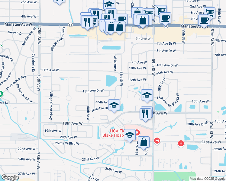 map of restaurants, bars, coffee shops, grocery stores, and more near 1310 64th Street West in Bradenton