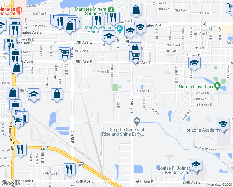 map of restaurants, bars, coffee shops, grocery stores, and more near 1302 14th Street East in Bradenton