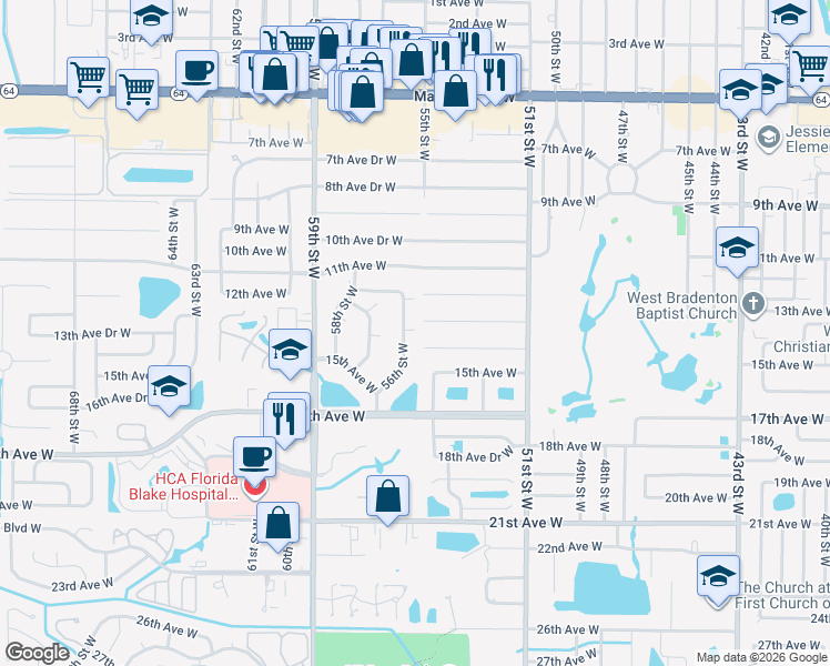 map of restaurants, bars, coffee shops, grocery stores, and more near 1415 56th Street West in Bradenton