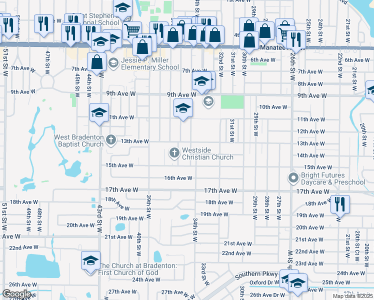 map of restaurants, bars, coffee shops, grocery stores, and more near 3404 14th Avenue West in Bradenton