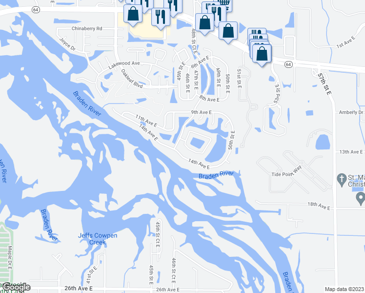 map of restaurants, bars, coffee shops, grocery stores, and more near 4804 11th Avenue Circle East in Bradenton