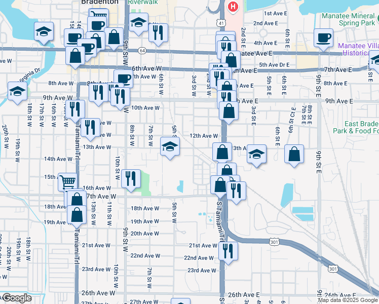 map of restaurants, bars, coffee shops, grocery stores, and more near 1302 3rd Street West in Bradenton