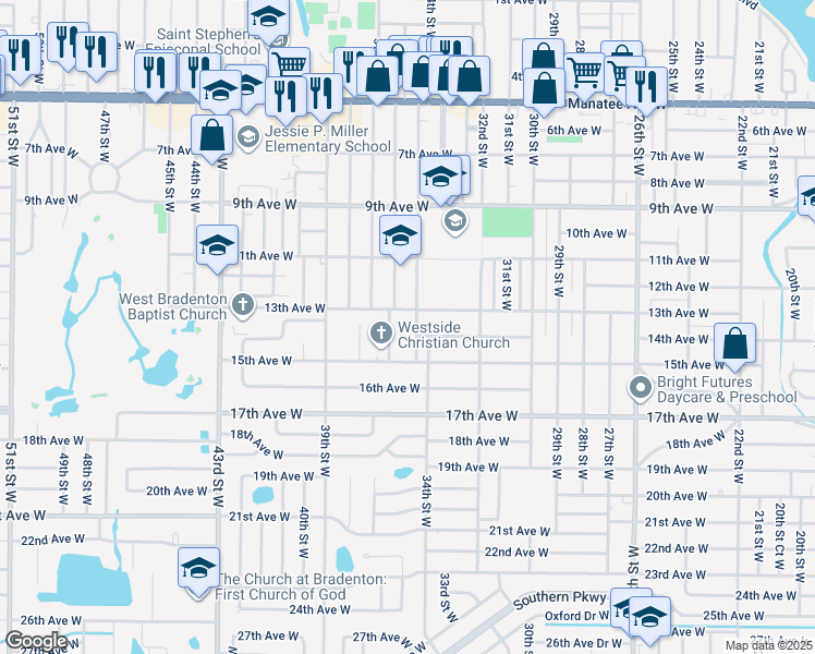 map of restaurants, bars, coffee shops, grocery stores, and more near 3404 14th Avenue West in Bradenton