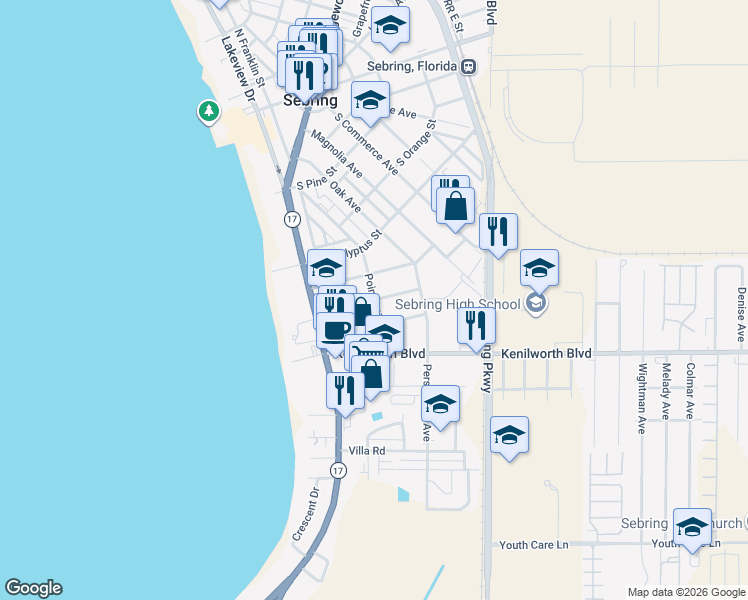 map of restaurants, bars, coffee shops, grocery stores, and more near 801 Bay Street in Sebring