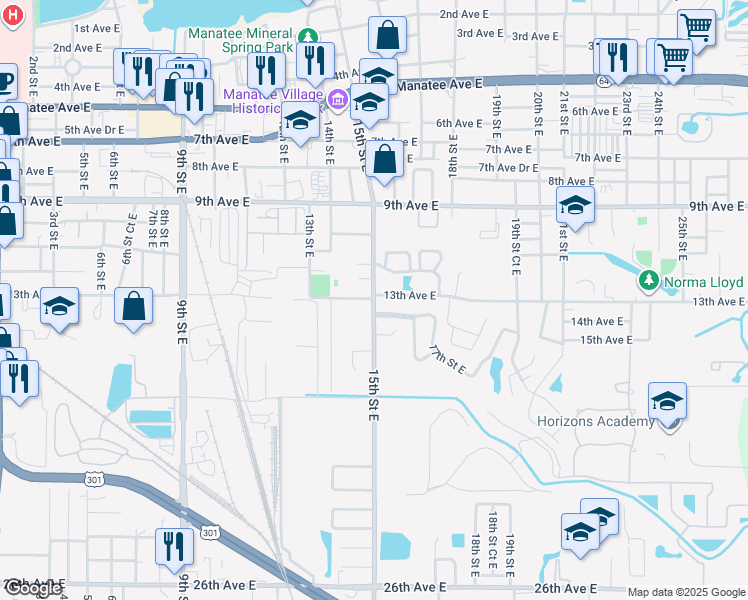 map of restaurants, bars, coffee shops, grocery stores, and more near 13th Avenue East in Bradenton