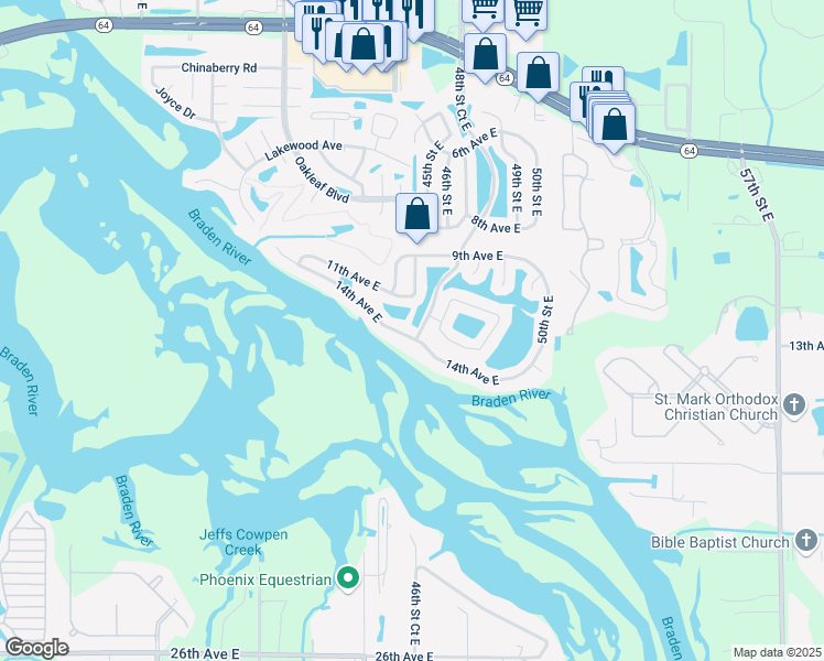 map of restaurants, bars, coffee shops, grocery stores, and more near 4417 14th Avenue East in Bradenton