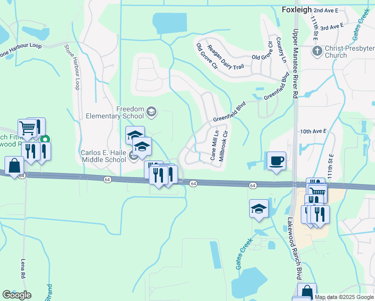 map of restaurants, bars, coffee shops, grocery stores, and more near 1479 Millbrook Circle in Bradenton