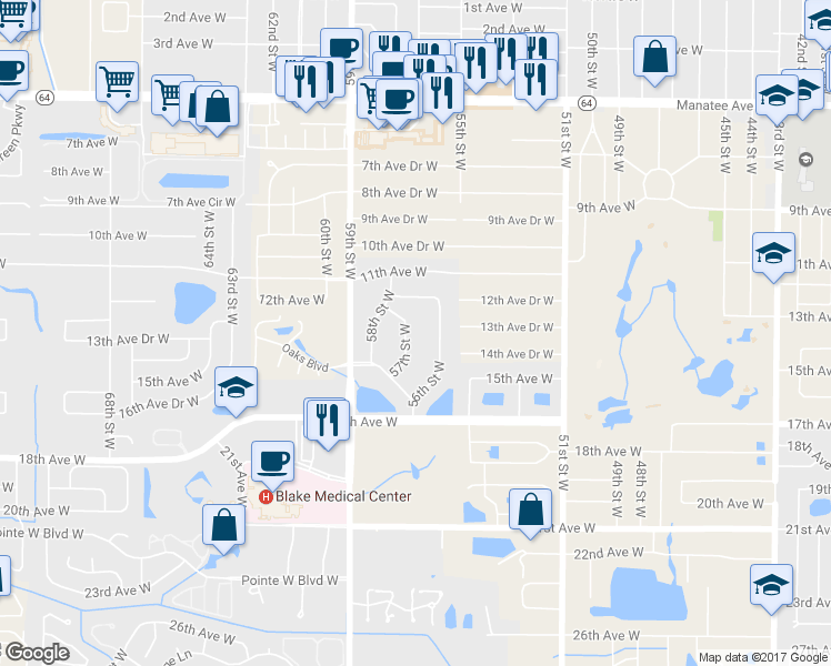 map of restaurants, bars, coffee shops, grocery stores, and more near 1414 57th Street West in Bradenton