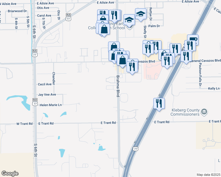 map of restaurants, bars, coffee shops, grocery stores, and more near 2901 South Brahma Boulevard in Kingsville