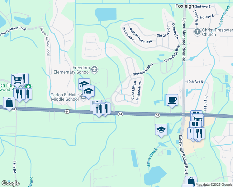 map of restaurants, bars, coffee shops, grocery stores, and more near 1479 Millbrook Circle in Bradenton