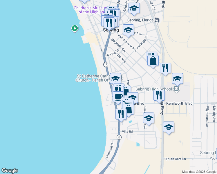 map of restaurants, bars, coffee shops, grocery stores, and more near 1641 Lakeview Drive in Sebring