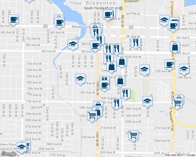 map of restaurants, bars, coffee shops, grocery stores, and more near 1325 14th Street West in Bradenton
