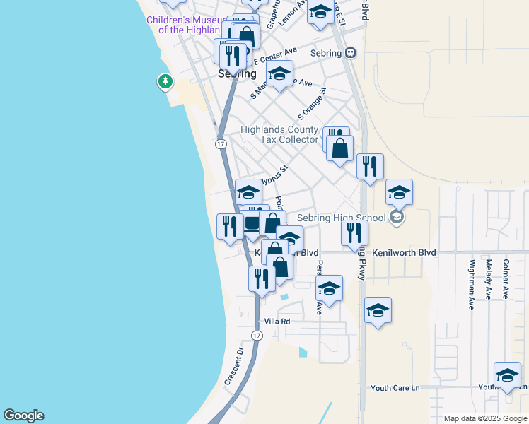 map of restaurants, bars, coffee shops, grocery stores, and more near 231 Bay Street in Sebring