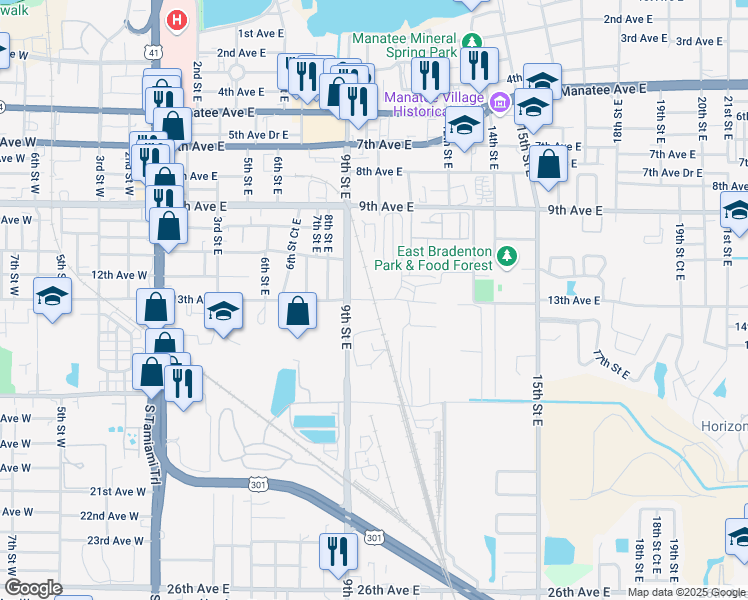 map of restaurants, bars, coffee shops, grocery stores, and more near 1001 13th Avenue East in Bradenton