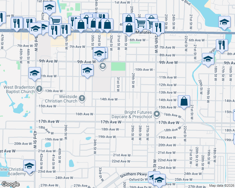 map of restaurants, bars, coffee shops, grocery stores, and more near 3106 14th Avenue West in Bradenton