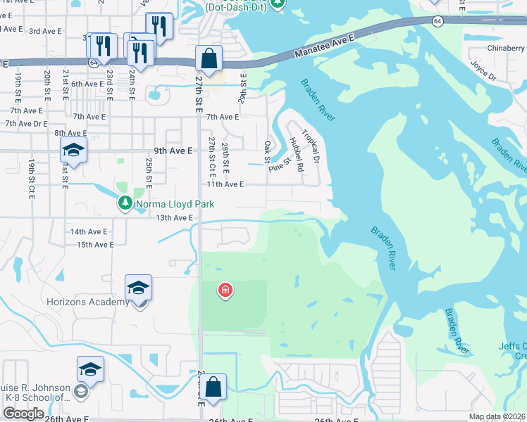 map of restaurants, bars, coffee shops, grocery stores, and more near 2805 River Trace Circle in Bradenton