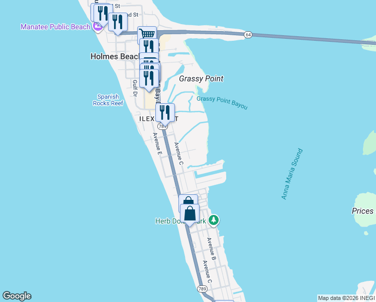 map of restaurants, bars, coffee shops, grocery stores, and more near 2814 Avenue C in Holmes Beach