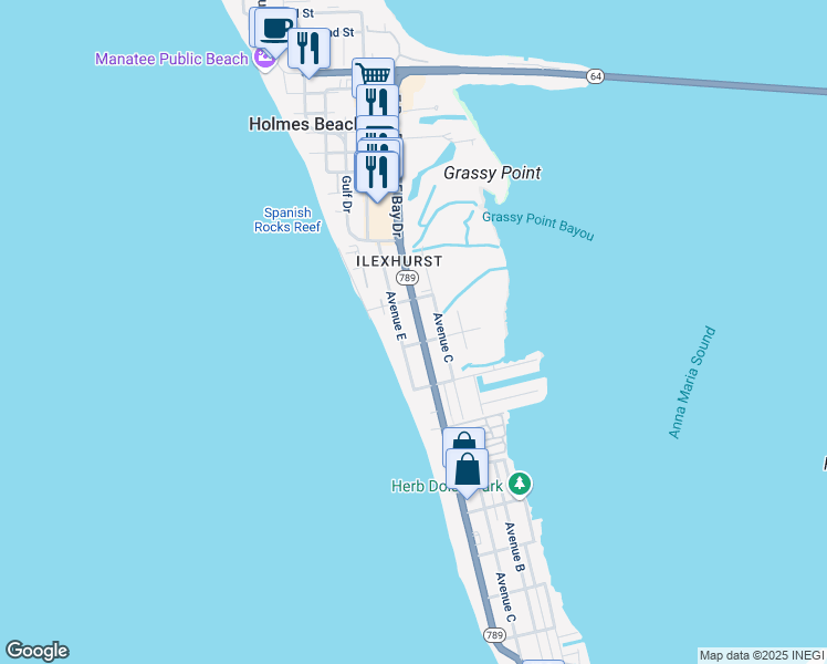 map of restaurants, bars, coffee shops, grocery stores, and more near 105 29th Street in Holmes Beach