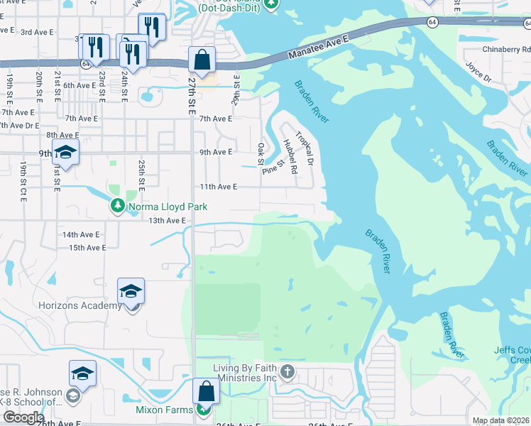 map of restaurants, bars, coffee shops, grocery stores, and more near 3022 12th Avenue East in Bradenton