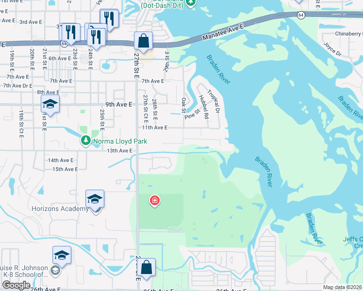 map of restaurants, bars, coffee shops, grocery stores, and more near 2805 River Trace Circle in Bradenton