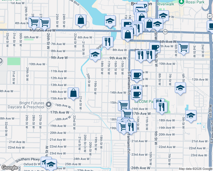 map of restaurants, bars, coffee shops, grocery stores, and more near 1612 14th Avenue West in Bradenton