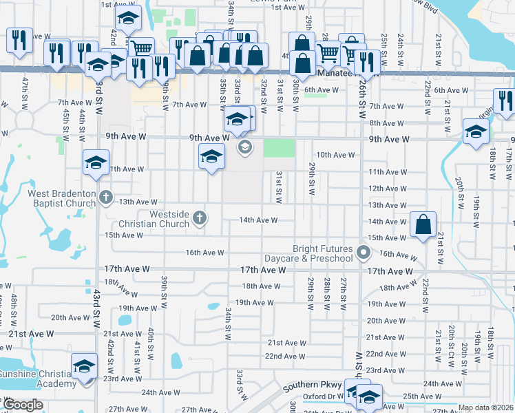 map of restaurants, bars, coffee shops, grocery stores, and more near 3208 14th Avenue West in Bradenton