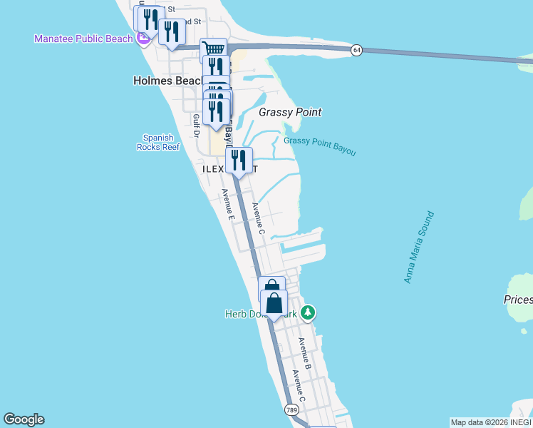 map of restaurants, bars, coffee shops, grocery stores, and more near 2814 Avenue C in Holmes Beach
