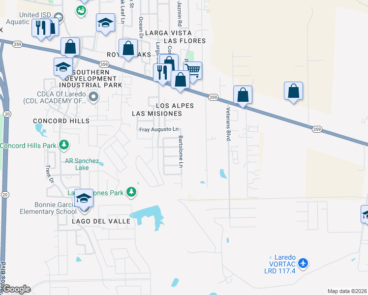 map of restaurants, bars, coffee shops, grocery stores, and more near 713 Bartolome Lane in Laredo