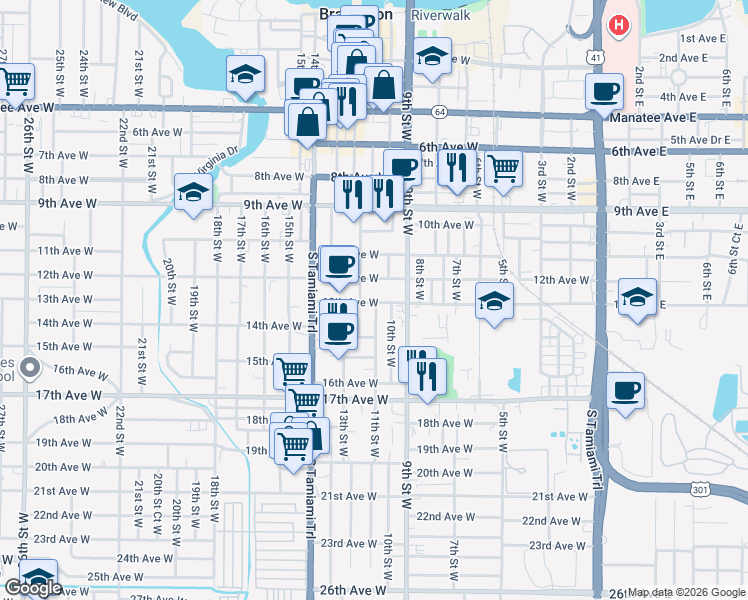 map of restaurants, bars, coffee shops, grocery stores, and more near 1100 13th Avenue West in Bradenton