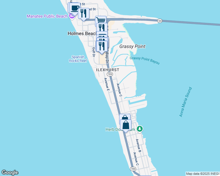 map of restaurants, bars, coffee shops, grocery stores, and more near 2918 Gulf Drive in Holmes Beach