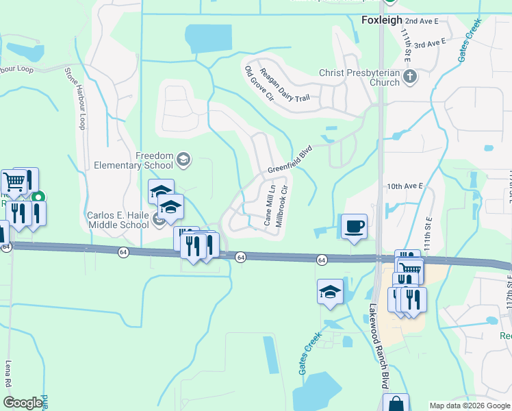 map of restaurants, bars, coffee shops, grocery stores, and more near 1142 Millbrook Circle in Bradenton
