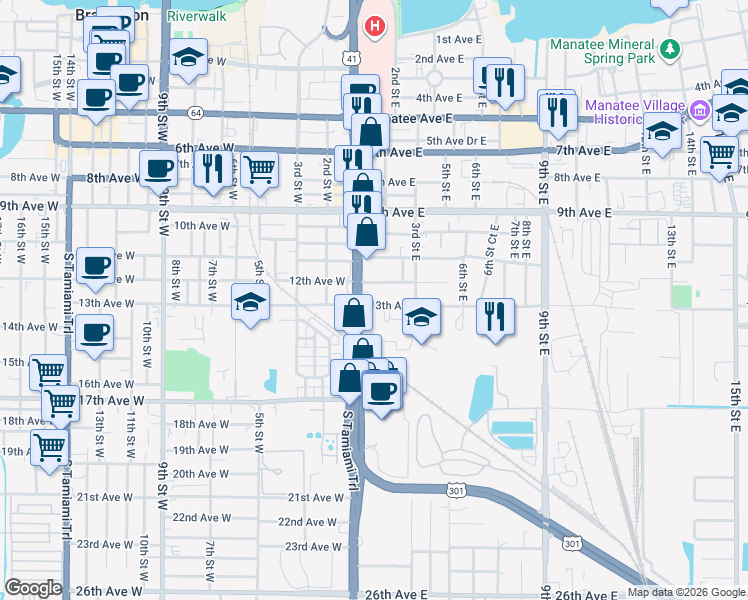map of restaurants, bars, coffee shops, grocery stores, and more near 123 13th Avenue East in Bradenton