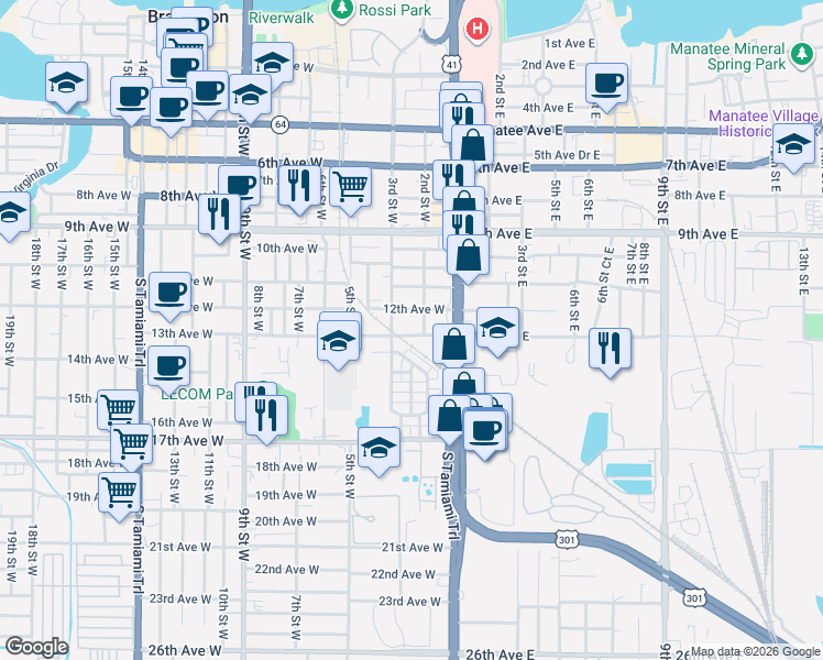 map of restaurants, bars, coffee shops, grocery stores, and more near 1120 2nd Street East in Bradenton