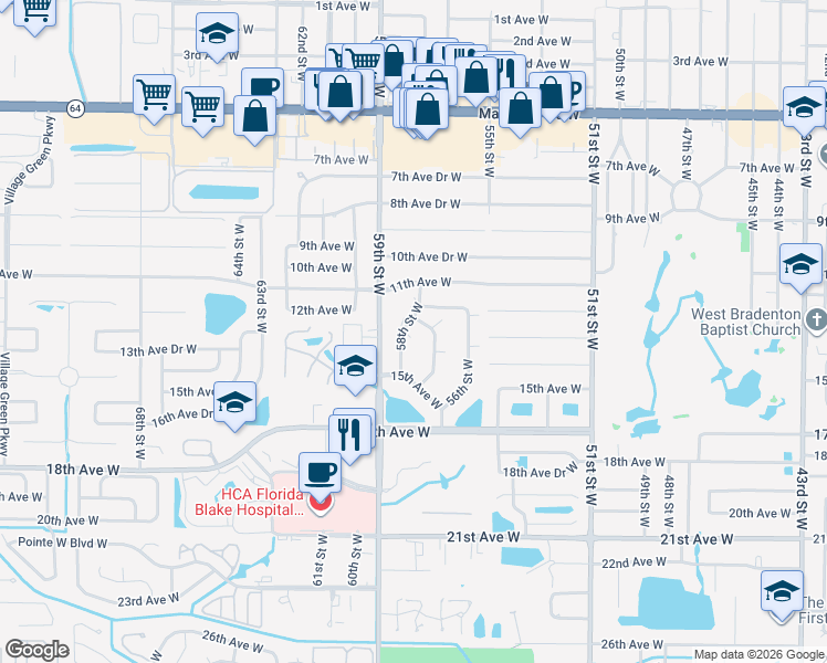 map of restaurants, bars, coffee shops, grocery stores, and more near 5705 12th Avenue West in Bradenton